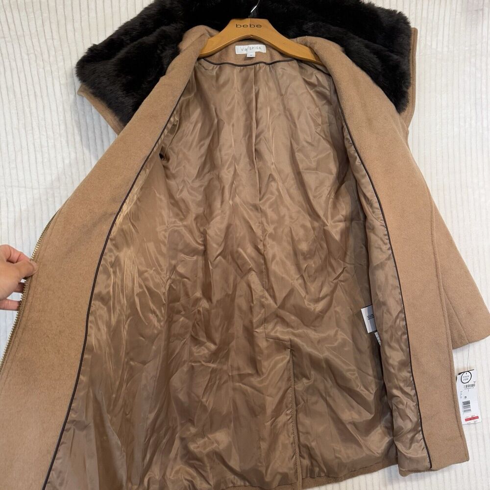 Via Spiga Camel‎ Faux Fur Wool Blend Pea Coat Women Sz 0 NWT $400 No Belt - Picture 10 of 16